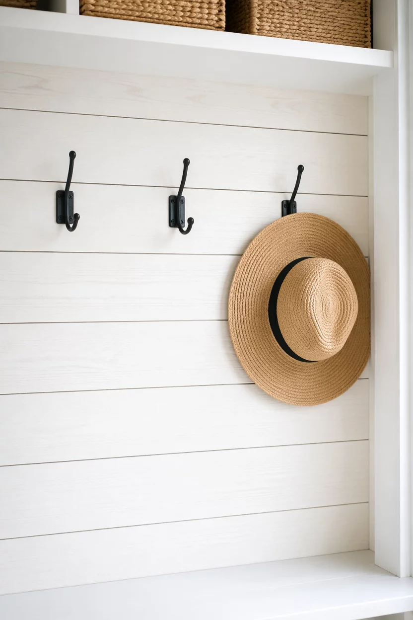 A detailed shot of horizontal white shiplap planks lining the back of an open mudroom closet, black metal hooks mounted directly to the wood, a tan sunhat hanging on a hook, soft daylight, sharp focus on the wood grain, minimalist composition, clean and bright coastal aesthetic.