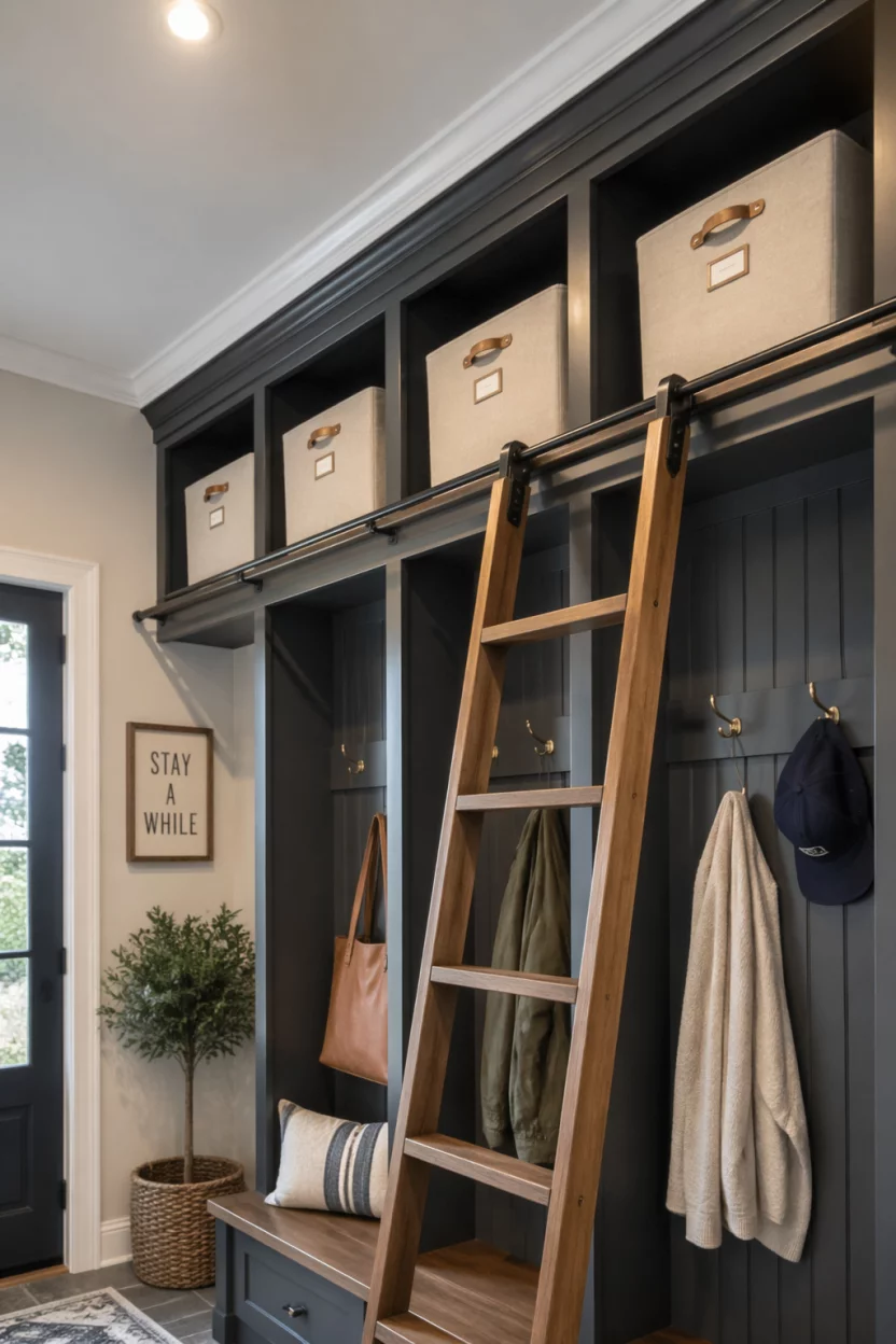 The top section of a tall mudroom closet featuring deep rectangular cubbies near the ceiling, large fabric bins stored inside, a library ladder leaning against the frame, bright overhead lighting, wide view looking upwards, organized and functional storage layout, modern home interior.