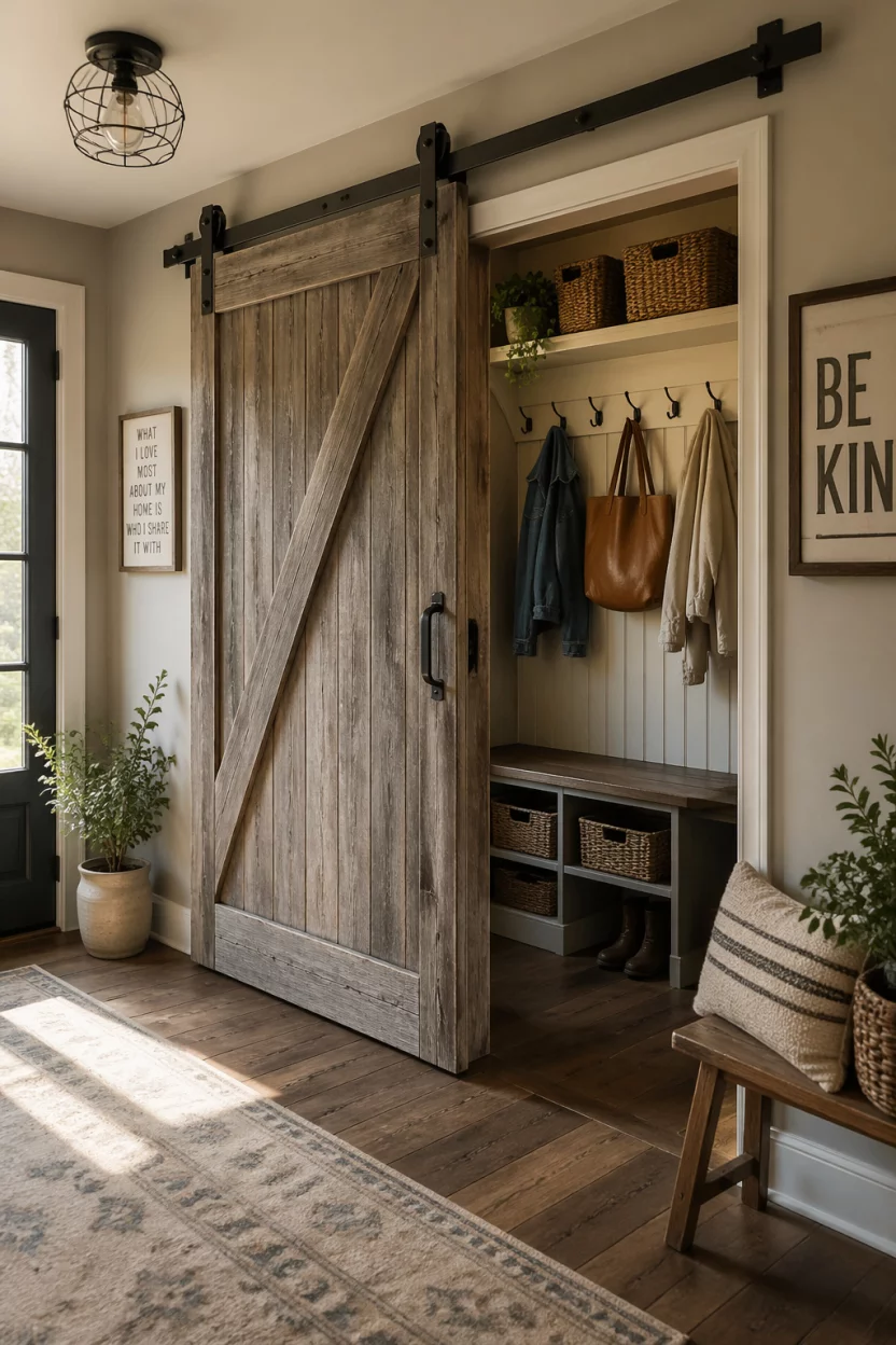 A large wooden barn door with black iron hardware sliding across a mudroom closet opening, reclaimed wood planks with gray wash, soft afternoon light, wide shot showing the door partially open, farmhouse chic style, warm and inviting atmosphere.