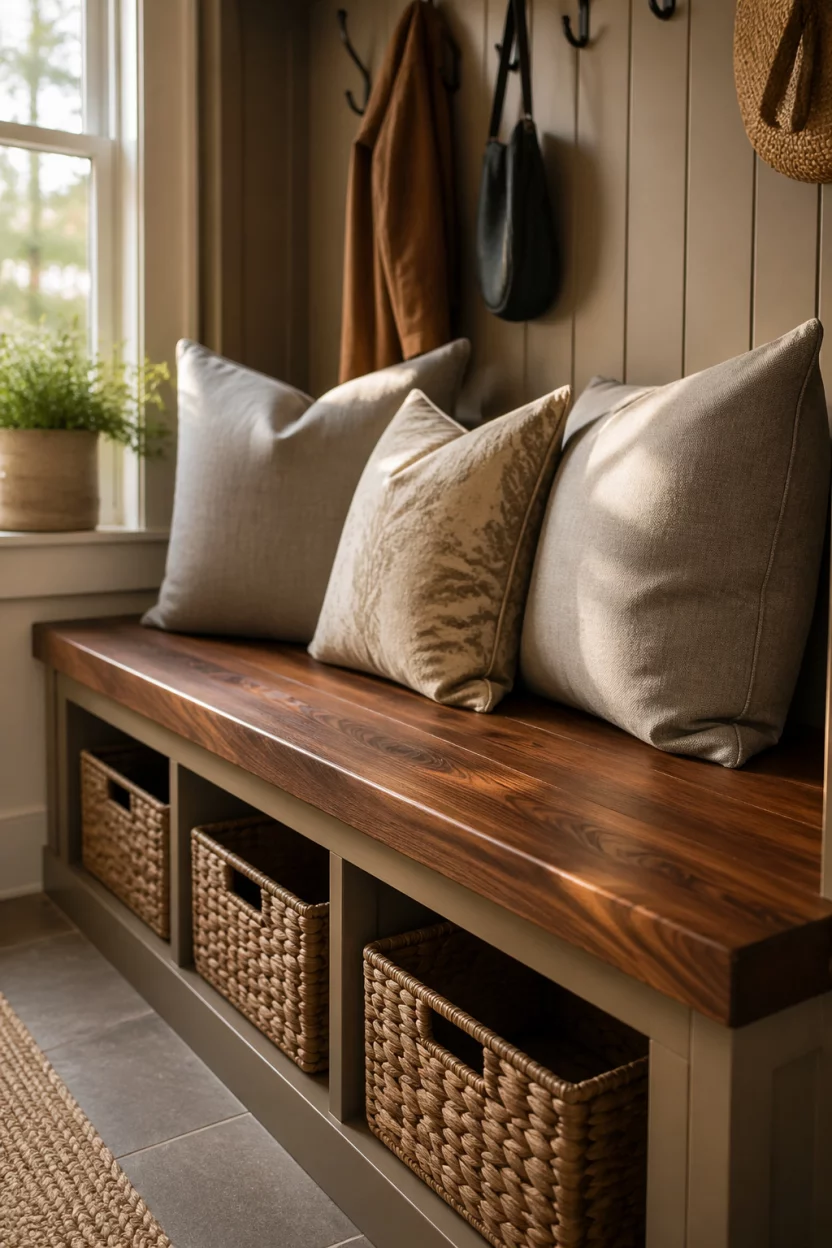 A mudroom closet featuring a built in wooden bench with a thick walnut top, soft gray cushions, open storage space underneath for baskets, morning light coming from a side window, close up shot showing the wood grain and fabric texture, comfortable and inviting home environment.