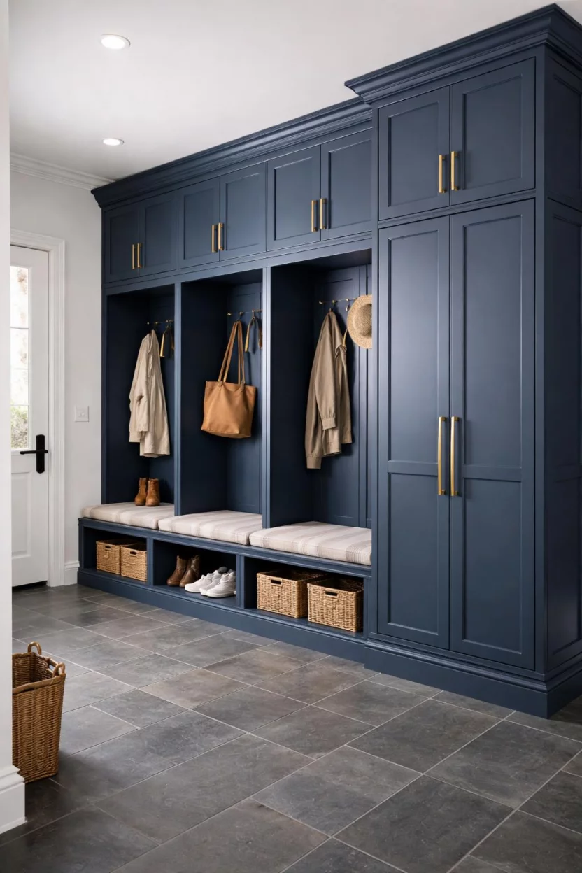A realistic photo of a mudroom showcasing floor to ceiling navy blue lockers with elegant gold hardware handles, a matching crown molding finish, and a smooth slate tile floor.