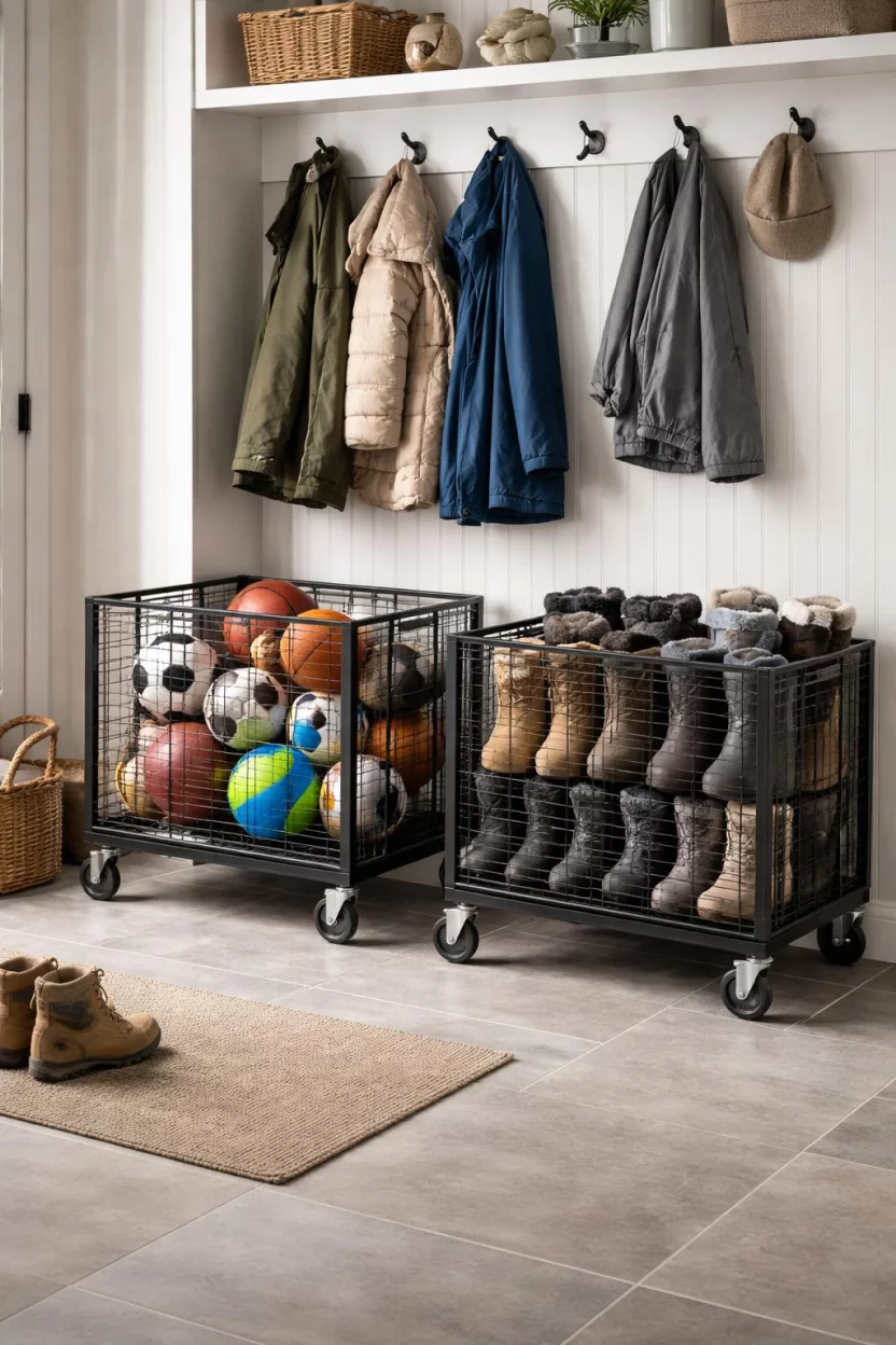 A realistic photo of a mudroom featuring two black rolling heavy duty wire carts filled with sports balls and bulky winter boots, parked next to a white wall.