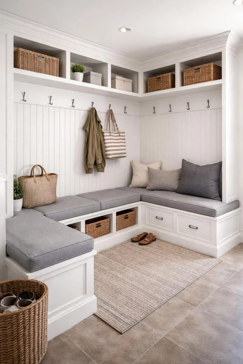 A realistic photo of a mudroom featuring a corner unit with a wrap around gray upholstered bench, white beadboard backing, and high overhead shelving.