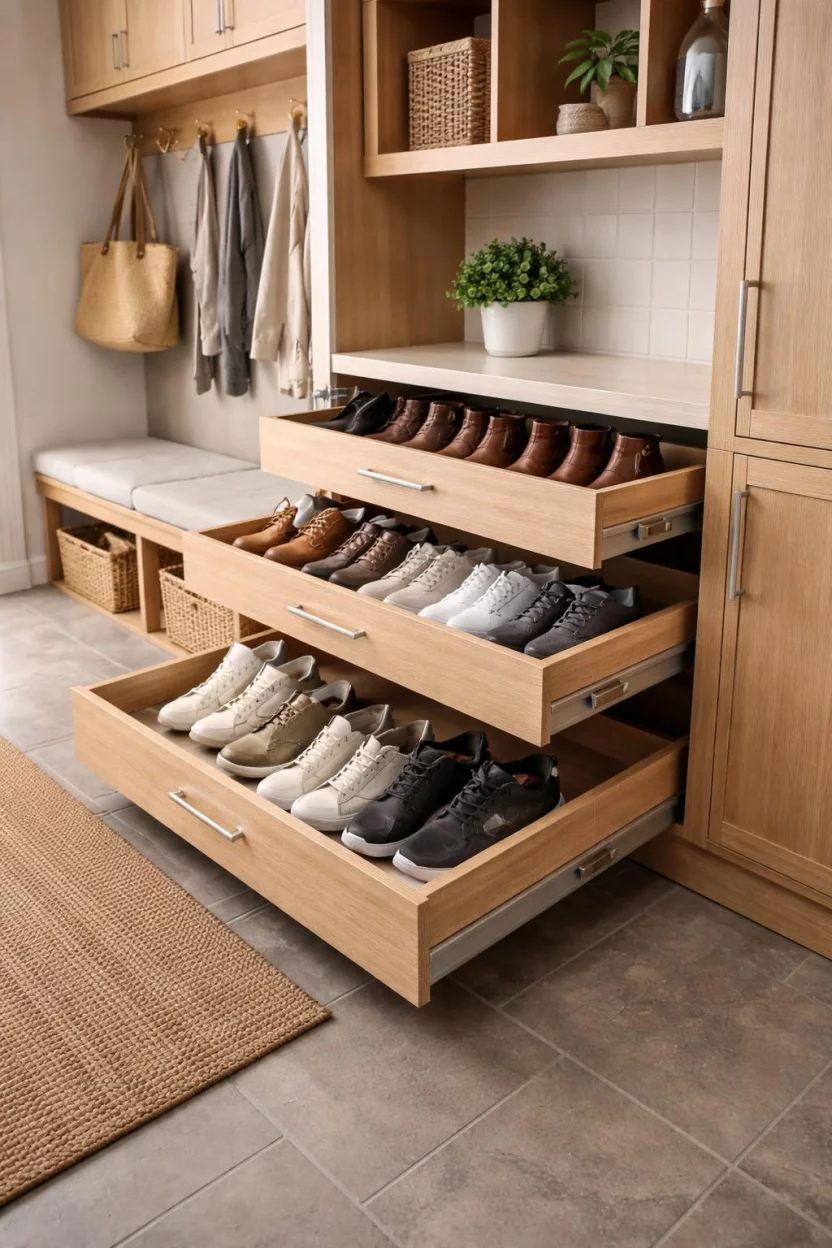 A realistic photo of a mudroom showing open tiered pull out shoe drawers made of light oak wood, revealing organized rows of leather boots and sneakers.