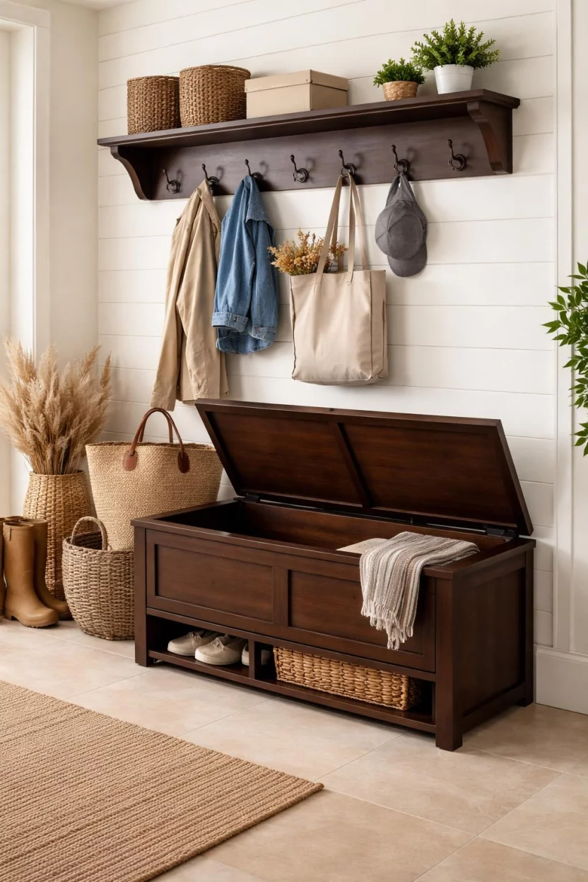 A realistic photo of a mudroom showing a dark wood storage bench with a flip top lid, situated beneath a row of oil rubbed bronze coat hooks.