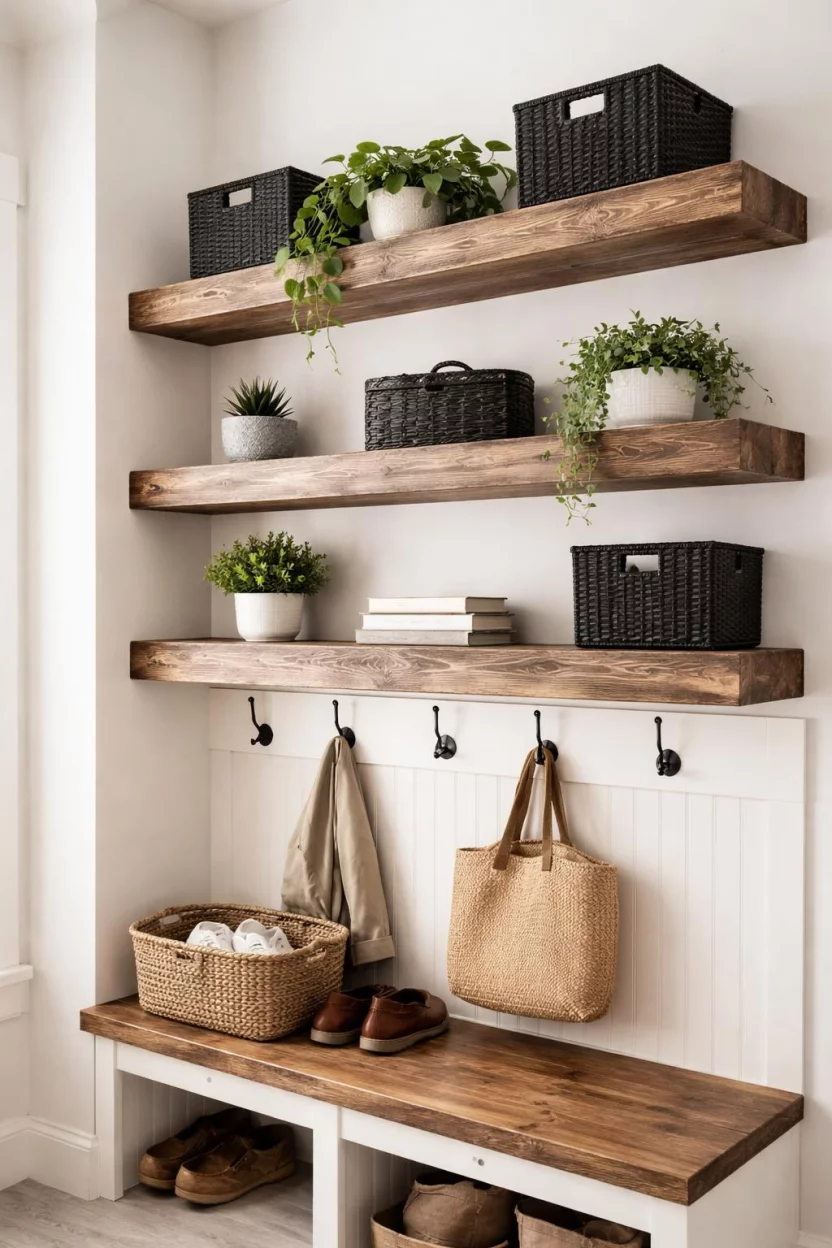 A realistic photo of a mudroom featuring thick distressed wood floating shelves mounted on a white wall, decorated with small green potted plants and black wicker boxes.