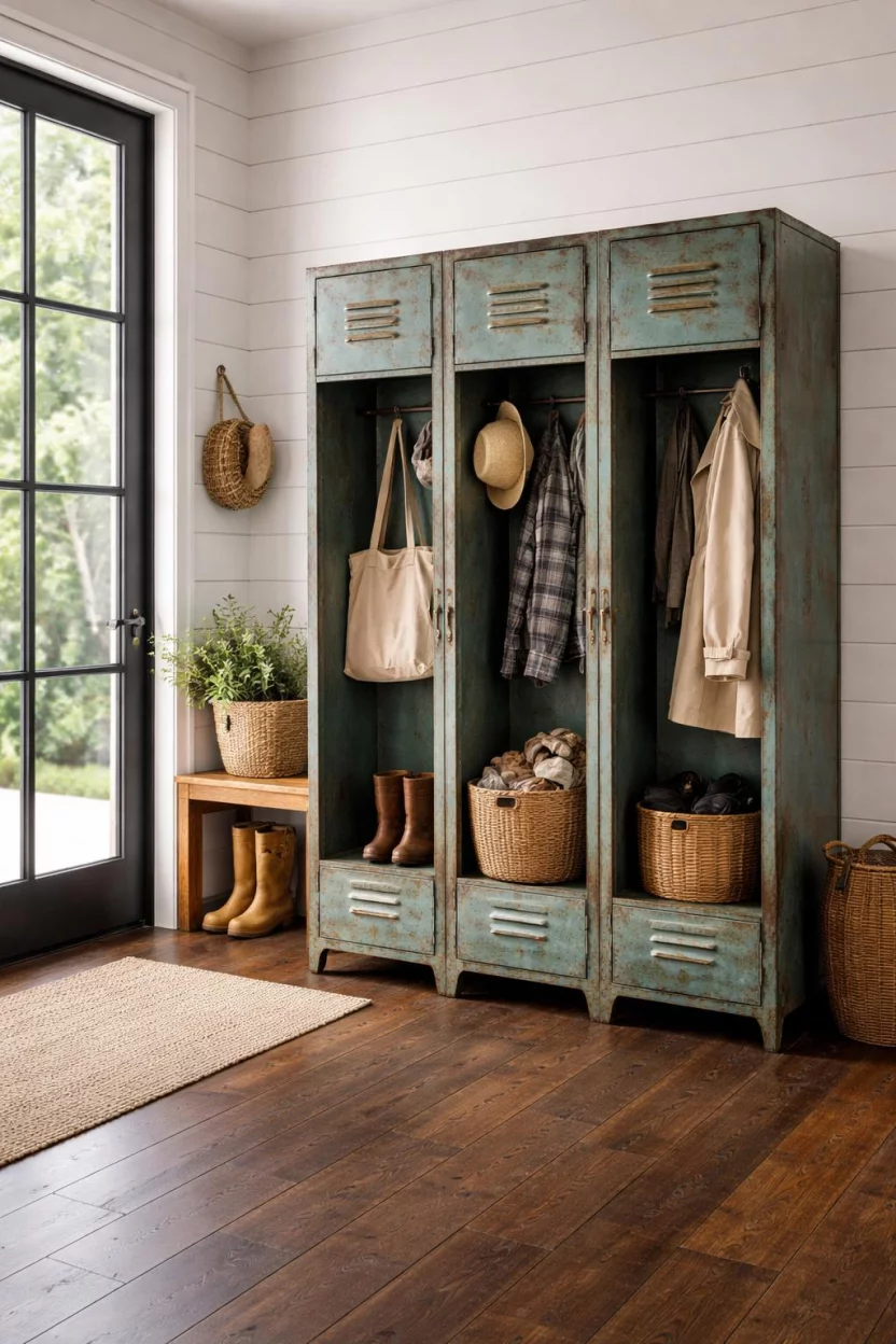 A realistic photo of a mudroom with three vintage metal lockers showing a rustic teal patina, standing on a dark wood floor next to a tall glass window.