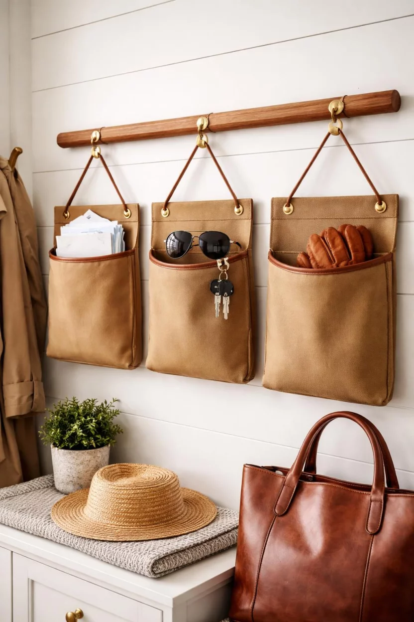 A realistic photo of a mudroom showing tan hanging canvas wall pockets suspended from a wooden rod, filled with mail, sunglasses, and leather gloves.
