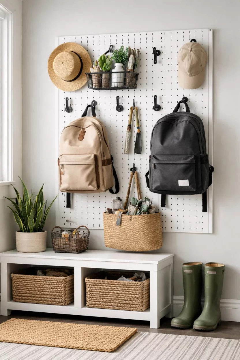 A realistic photo of a mudroom featuring a white vertical pegboard organizer system with various black metal hooks, carrying backpacks, hats, and small gardening tools.