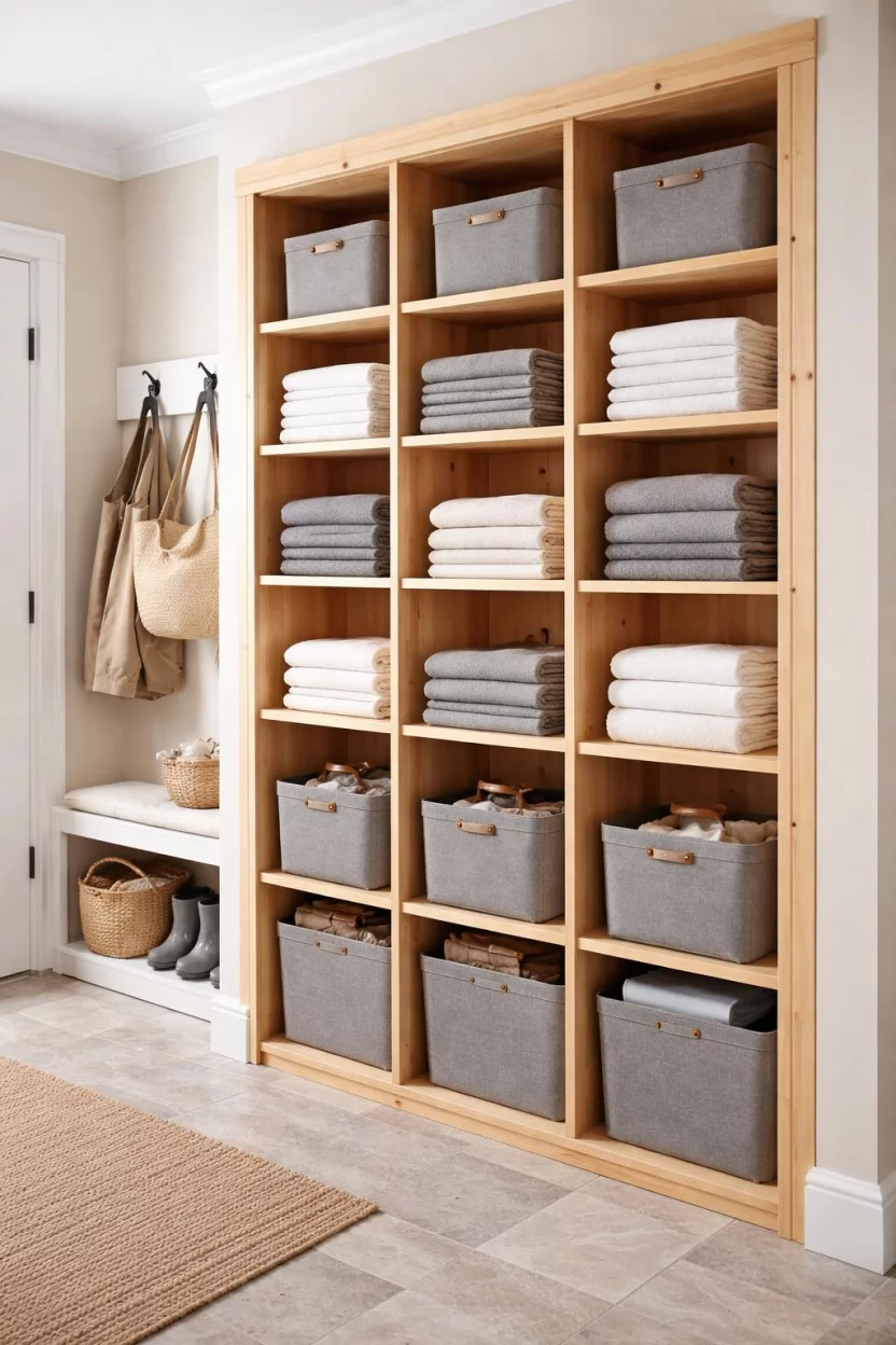 A realistic photo of a mudroom with a floor to ceiling open shelving unit made of light pine wood, displaying neatly folded towels and several gray fabric bins.