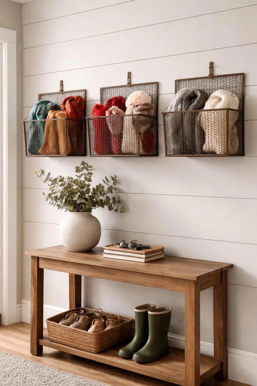 A realistic photo of a mudroom with wall mounted bronze wire mesh bins containing colorful scarves and mittens, situated above a small wooden console table with a ceramic vase.
