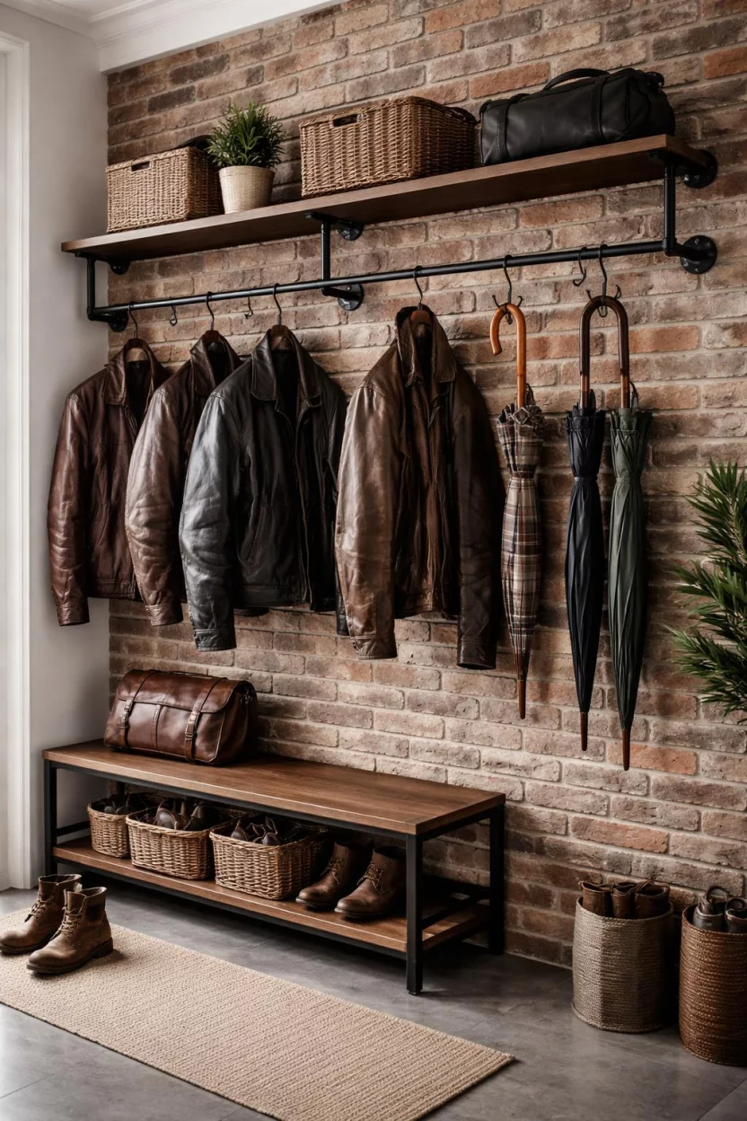 A realistic photo of a mudroom featuring industrial black metal pipe gear racks mounted on a brick accent wall, holding several heavy leather jackets and vintage style umbrellas.