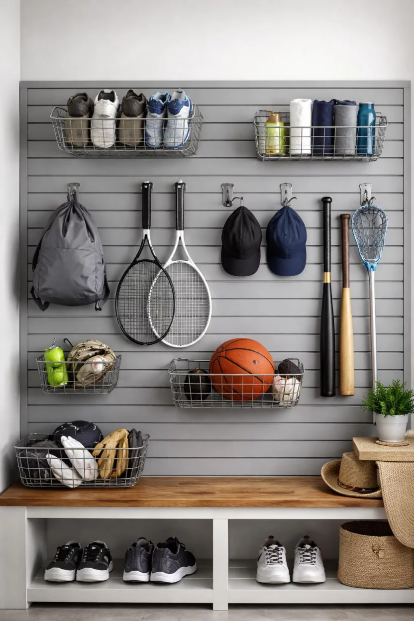 A realistic photo of a mudroom wall with gray slatwall panels holding various silver baskets and heavy duty hooks for sports equipment like tennis rackets.