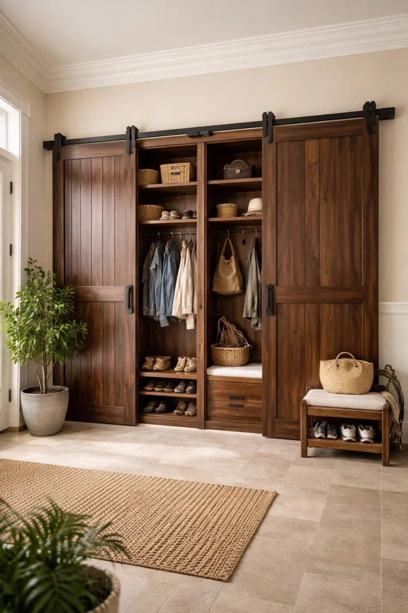 A realistic photo of a mudroom featuring tall sliding barn door cabinets made of dark walnut wood, hiding various shelves and hooks, in a room with cream colored walls.