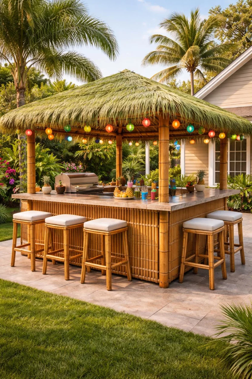 A realistic photo of an American home's backyard featuring a bamboo-wrapped BBQ island with a green grass skirt roof, bamboo bar stools with white cushions, and colorful tropical string lights.