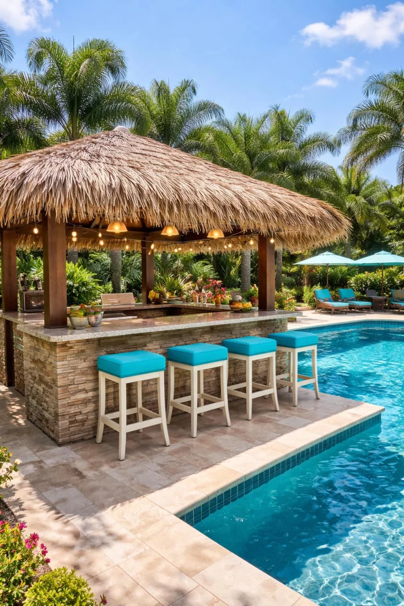 A realistic photo of an American home's backyard with a stone BBQ bar located adjacent to a sparkling blue swimming pool, featuring a thatched tiki roof and bright turquoise bar stools.