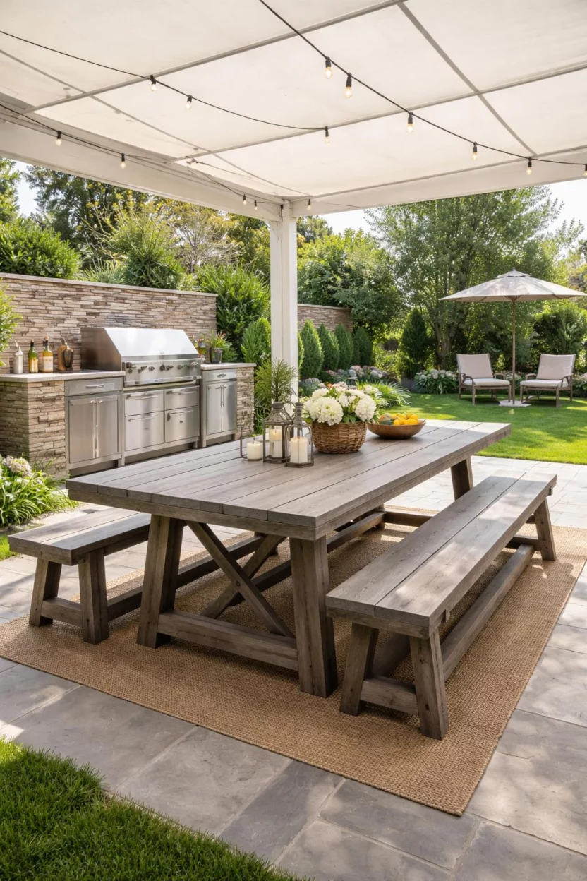 A realistic photo of an American home's backyard featuring a long reclaimed gray wood trestle table with matching benches, located under a white canopy next to a stainless steel grill station.