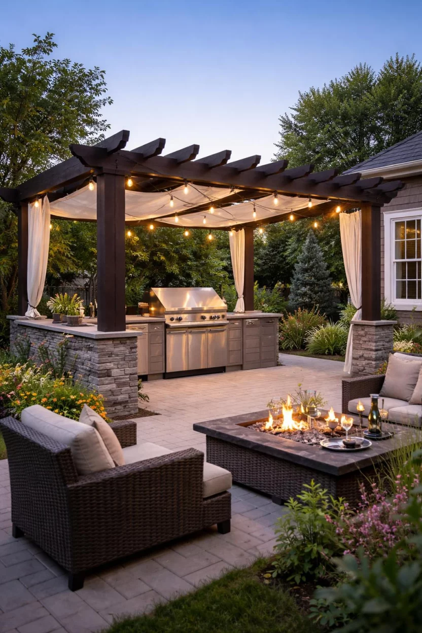 A realistic photo of an American home's backyard with a dark espresso brown wooden pergola towering over a built-in gas grill, featuring white fabric retractable shades and hanging Edison bulb string lights for evening ambiance.