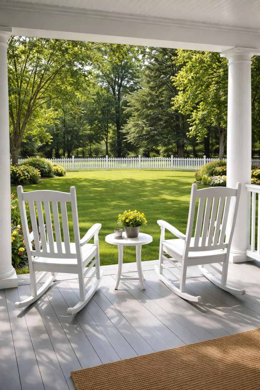A realistic photo of an American home's backyard showing two traditional white wooden rocking chairs on a wide front porch, overlooking a green lawn with a white picket fence in the distance.