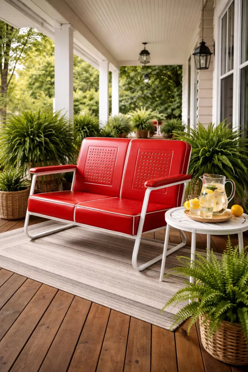 A realistic photo of an American home's backyard showing a retro red metal glider chair with white piping on a covered wooden porch, surrounded by potted ferns and a vintage lemonade pitcher on a side table.
