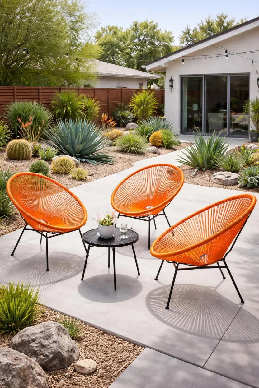 A realistic photo of an American home's backyard with three bright orange acapulco chairs arranged on a modern concrete patio near a desert garden with succulents and decorative gravel.
