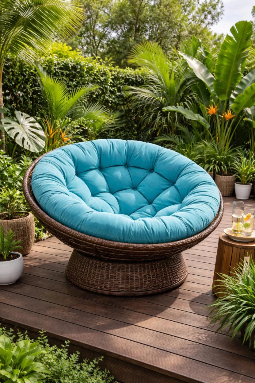 A realistic photo of an American home's backyard featuring a large brown wicker papasan chair with a thick turquoise bowl-shaped cushion on a dark wooden deck surrounded by tropical plants.