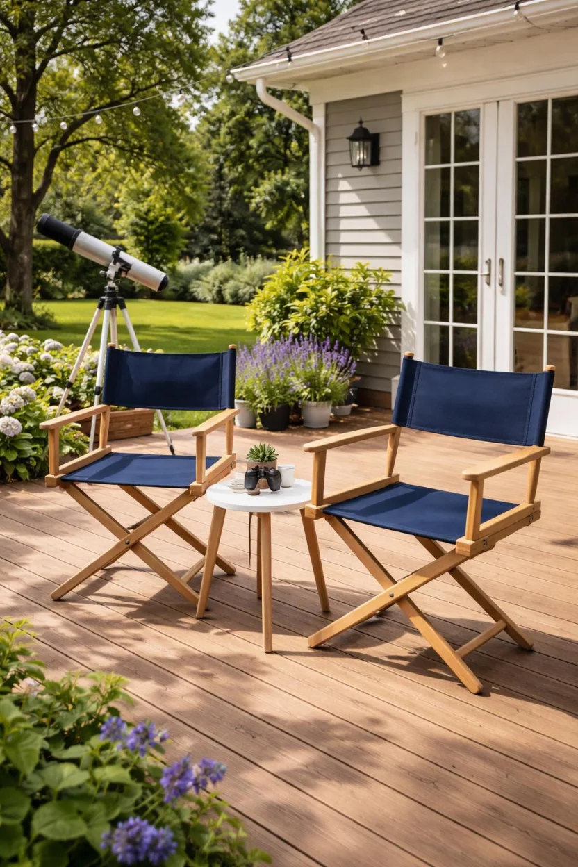 A realistic photo of an American home's backyard featuring two navy blue canvas director chairs with light wood frames on a sunny wooden deck, positioned near a telescope and a small side table.