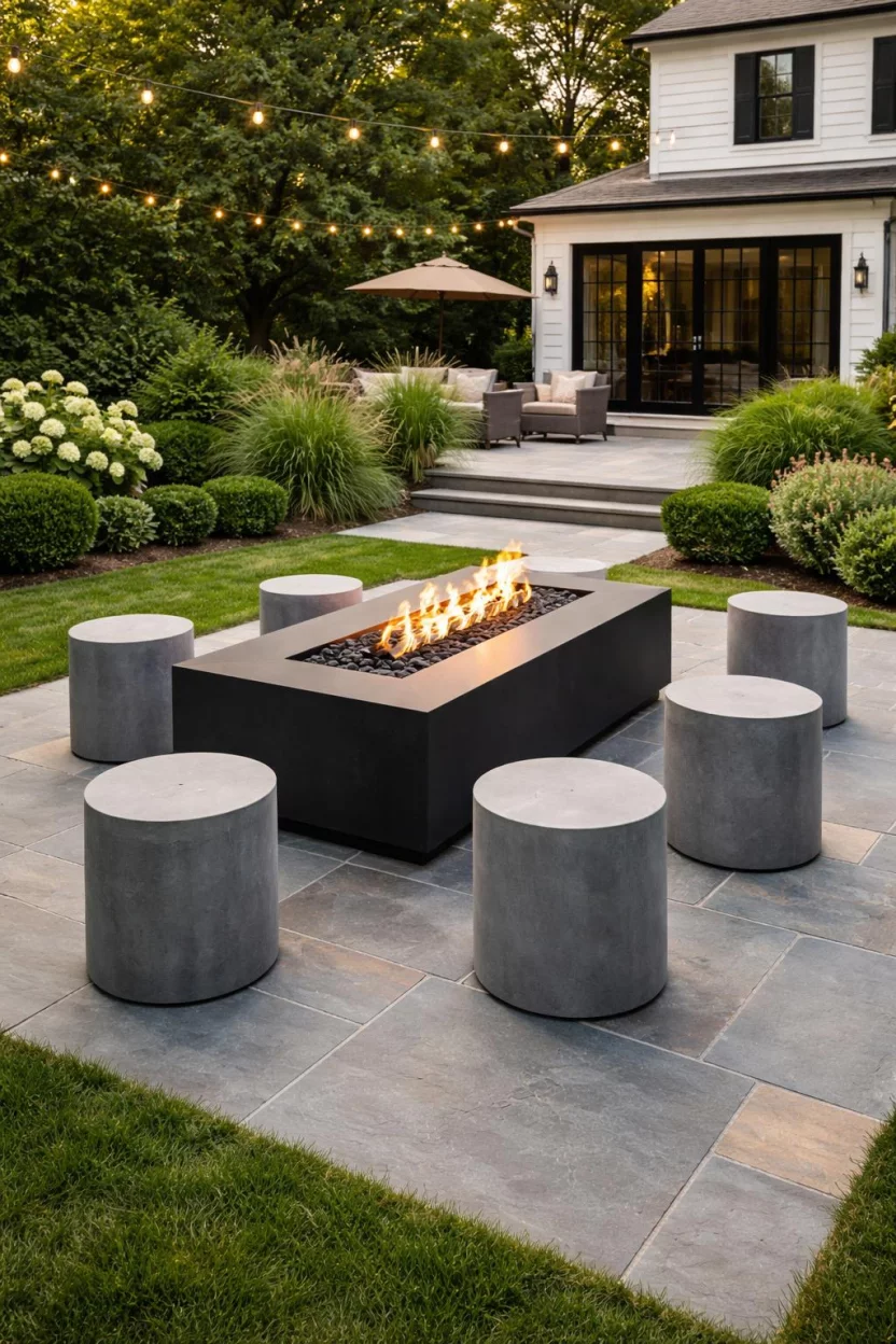 A realistic photo of an American home's backyard showing several gray cylindrical concrete stools used as seating around a sleek black fire table on a slate tile patio.