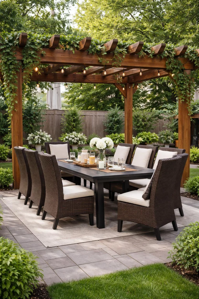 A realistic photo of an American home's backyard featuring dark brown resin wicker high back dining chairs with cream cushions around a large black harvest table under a wooden pergola with climbing ivy.