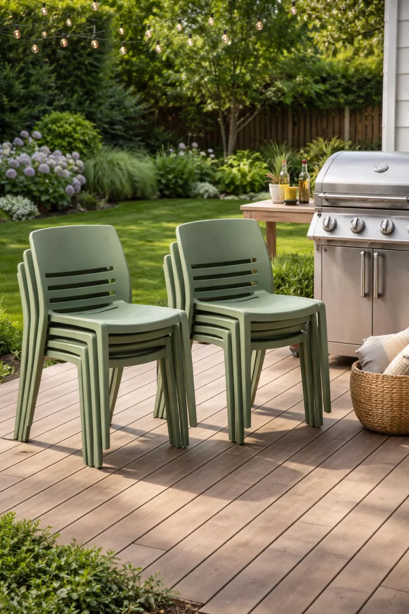 A realistic photo of an American home's backyard with several sage green stackable molded plastic chairs grouped on a wooden deck near a barbecue grill, featuring clean lines and a matte finish.