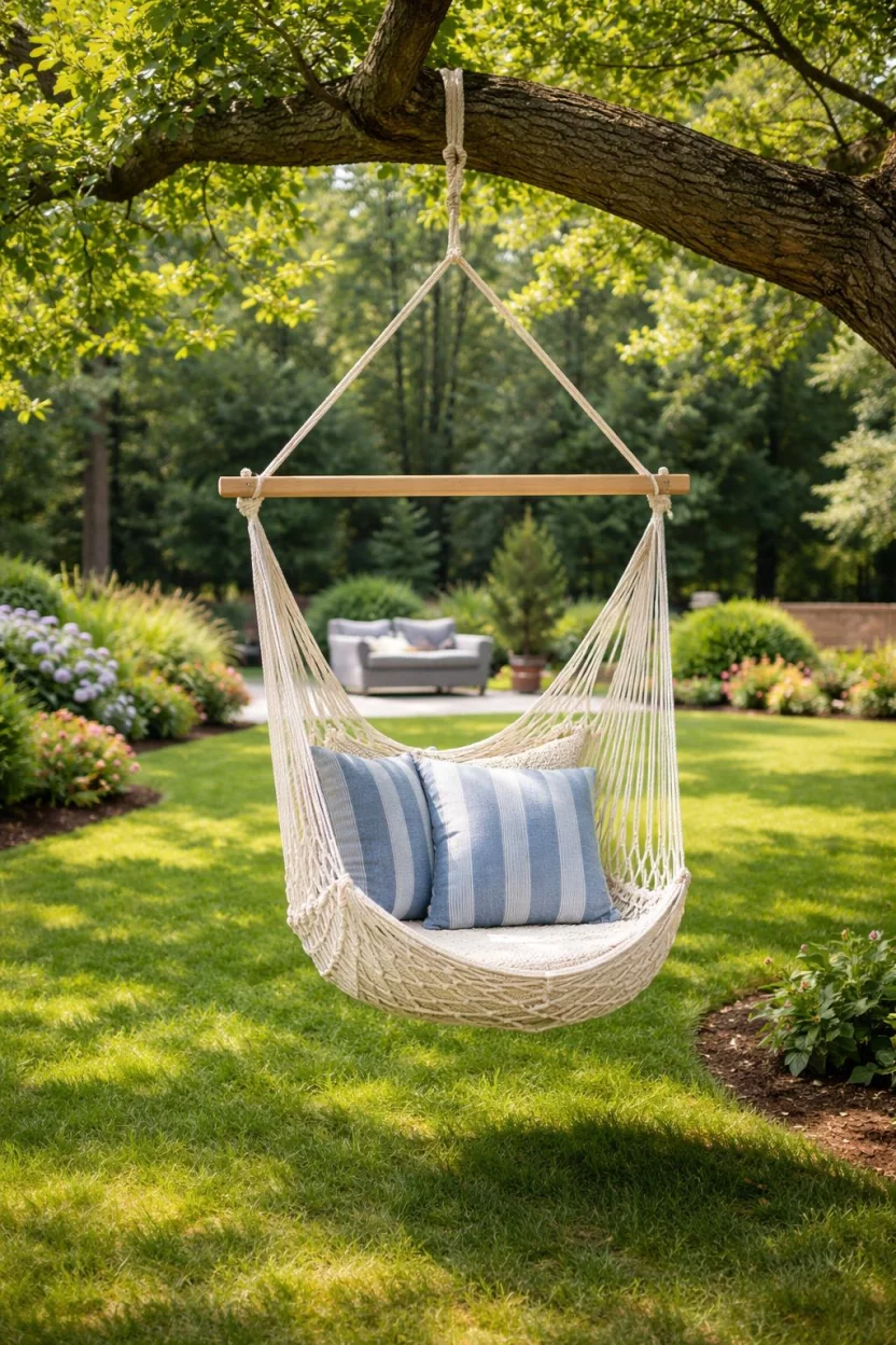 A realistic photo of an American home's backyard with a white cotton rope hammock chair hanging from a sturdy oak tree branch, featuring a wooden spreader bar and blue striped pillows inside.