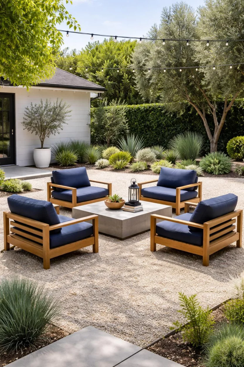 A realistic photo of an American home's backyard featuring low profile modern teak club chairs with navy blue weather resistant cushions arranged around a rectangular concrete coffee table on a gravel patio with minimalist landscaping.