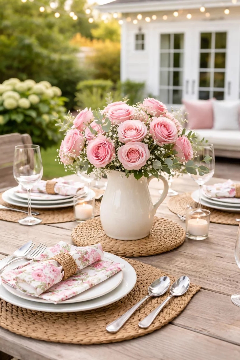 A realistic photo of an American home's backyard dining table featuring pink roses in a cream ceramic pitcher, floral print napkins, and silver tea spoons.