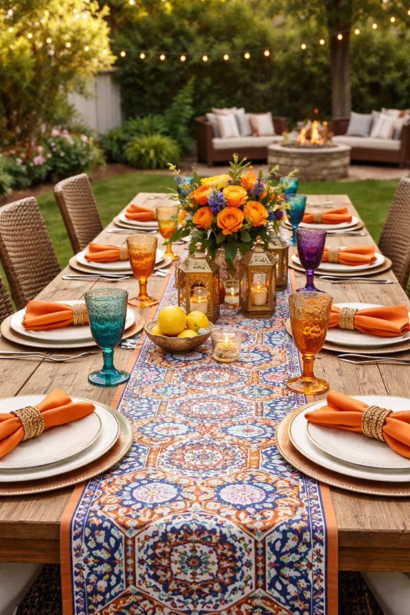 A realistic photo of an American home's backyard dining table featuring a colorful Moroccan pattern runner, mismatched vintage glass goblets, and orange silk napkins.