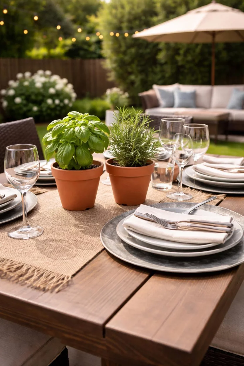 A realistic photo of an American home's backyard dining table with small terracotta pots of green basil and rosemary, a burlap table runner, and galvanized metal chargers.