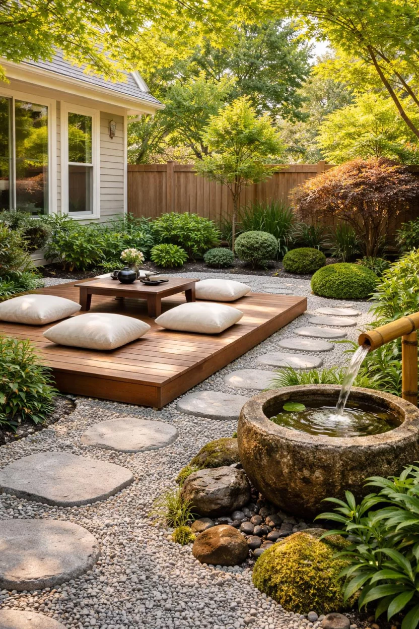 A realistic photo of an American home's backyard showcasing a low wooden platform deck surrounded by a zen gravel garden, featuring cream floor cushions, a small dark wood tea table, and a bamboo water spout flowing into a stone basin nearby.