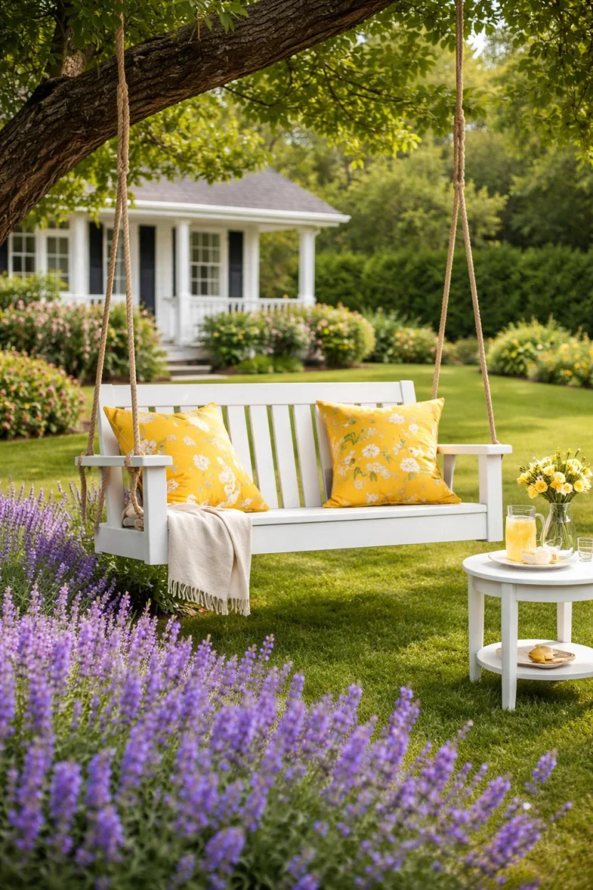 A realistic photo of an American home's backyard featuring a white wooden porch swing hanging from a sturdy tree limb, decorated with yellow floral pillows, and surrounded by a purple lavender garden and a small white side table.
