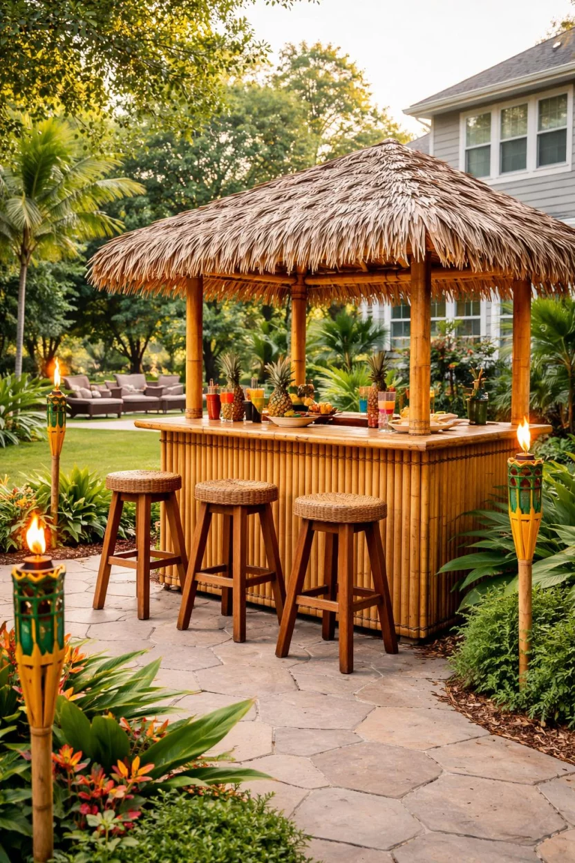 A realistic photo of an American home's backyard featuring a small bamboo-wrapped bar with a thatched roof, tall wooden stools, and colorful green and yellow tiki torches surrounding the area.