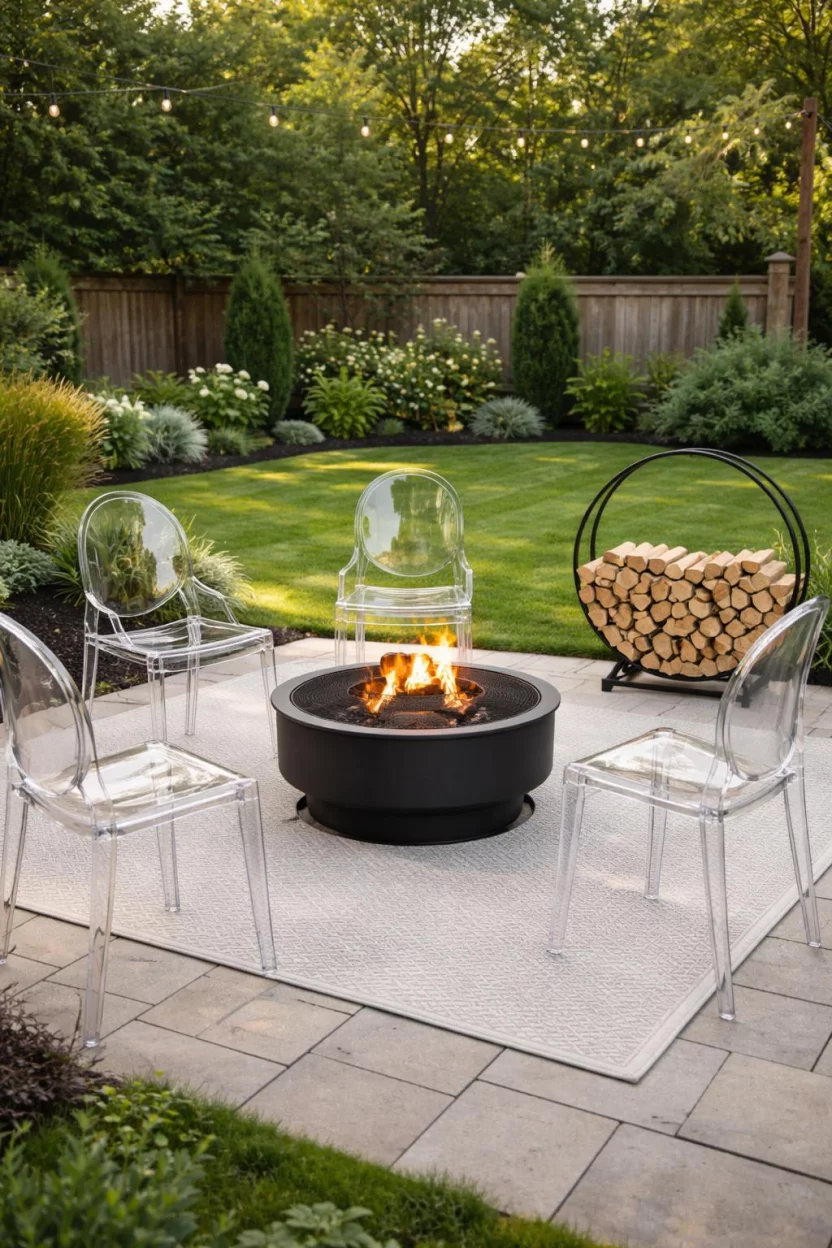 A realistic photo of an American home's backyard featuring a round black fire pit, four clear acrylic ghost chairs, a gray outdoor rug, and a sleek black metal log hoop.
