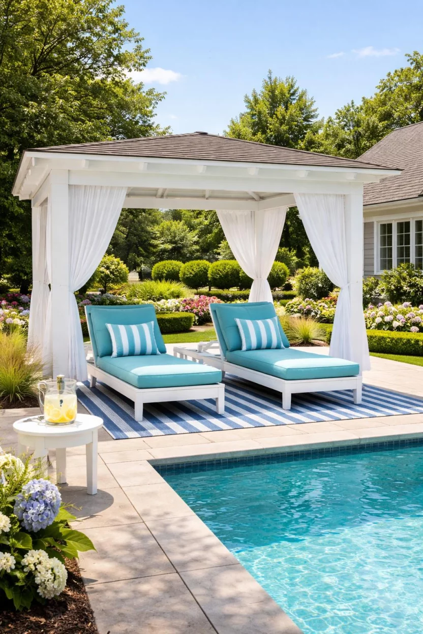 A realistic photo of an American home's backyard featuring a poolside white wood cabana with plush turquoise lounge chairs, a striped blue outdoor rug, and a small white side table holding a glass of iced lemonade.