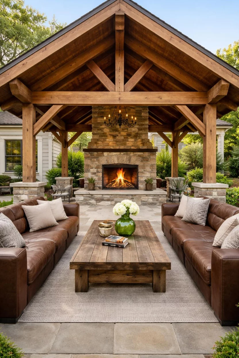 A realistic photo of an American home's backyard featuring a heavy timber pavilion with a large fieldstone fireplace, oversized brown leather outdoor sofas, and a reclaimed wood coffee table topped with a green glass vase.