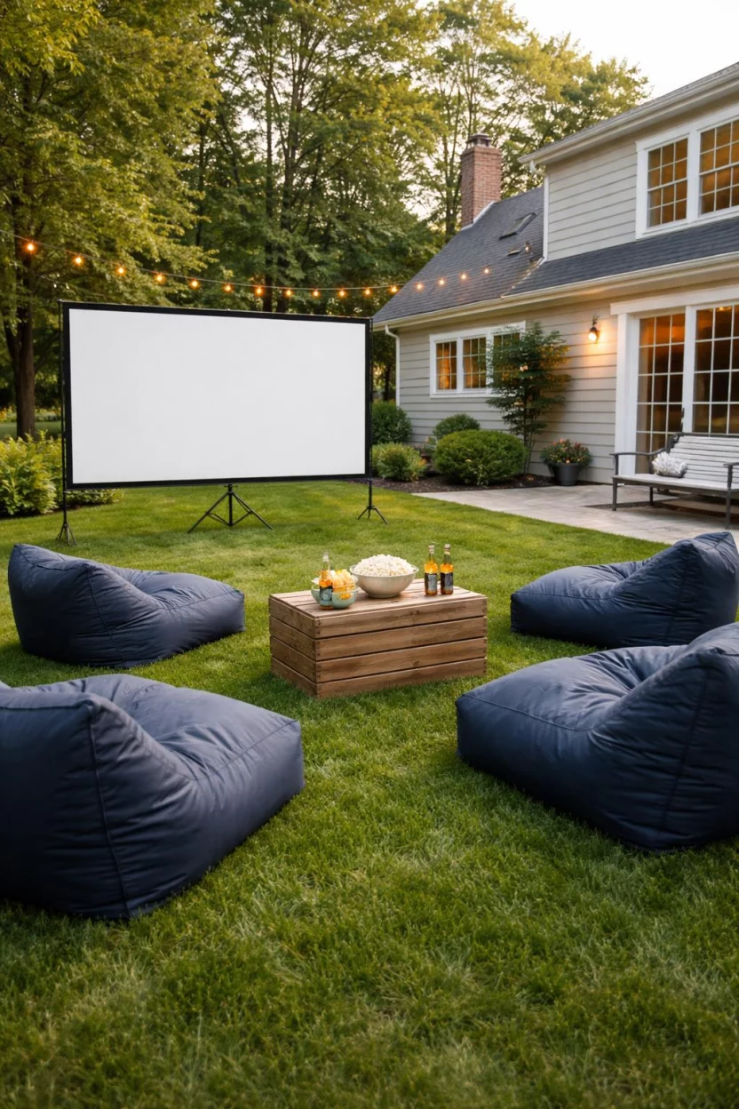 A realistic photo of an American home's backyard featuring a large white projector screen, several oversized navy blue weather-resistant bean bag chairs on a lawn, and a wooden crate used as a snack table with a popcorn bowl.