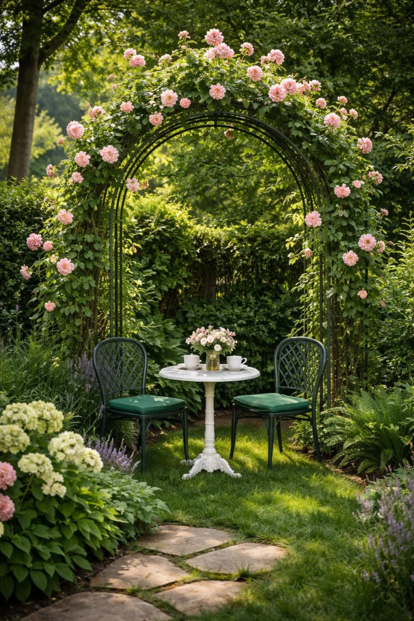 A realistic photo of an American home's backyard featuring a green metal arched trellis covered in pink climbing roses, a small white marble bistro table, and two dark green metal chairs tucked into a hidden grassy corner.