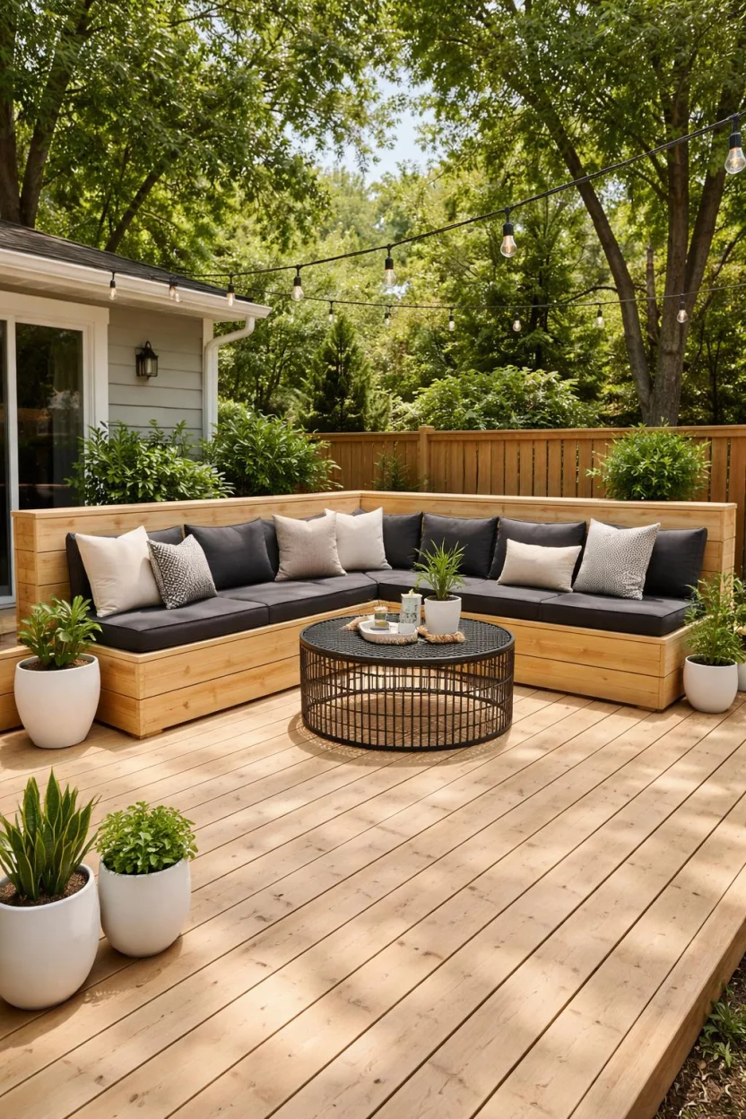 A realistic photo of an American home's backyard deck featuring light pine wood built-in L-shaped benches, charcoal gray seat pads, a black metal wire coffee table, and several simple white ceramic plant pots.