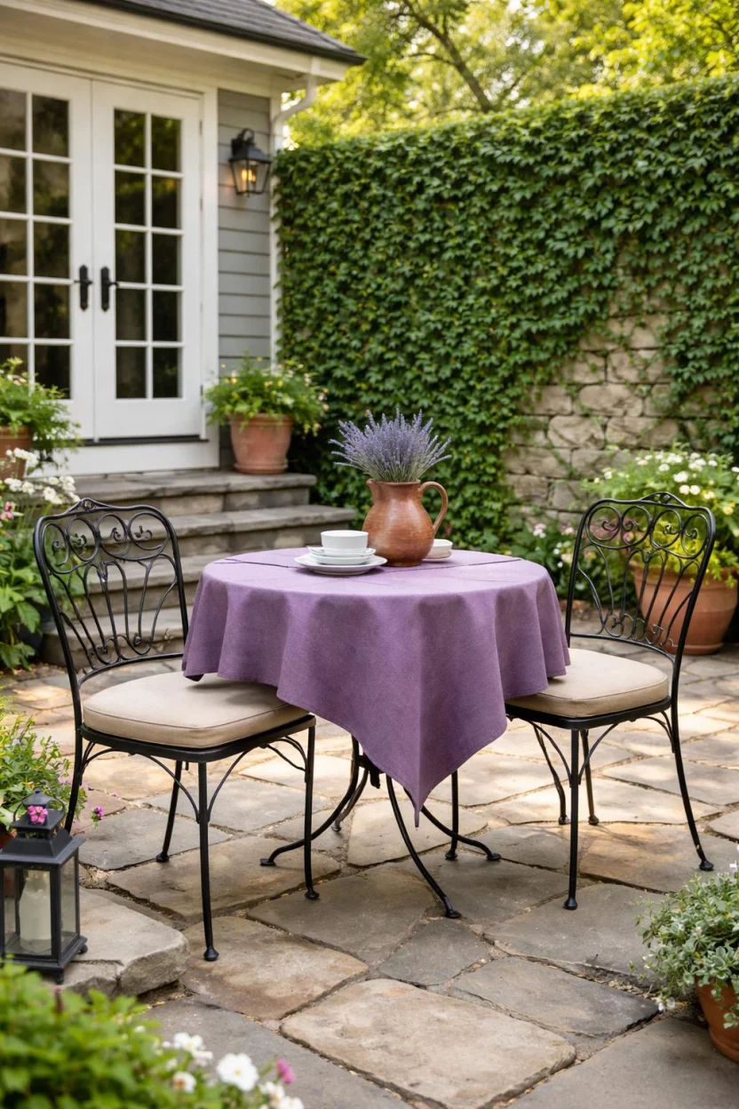 A realistic photo of an American home's backyard featuring a small stone courtyard with a black wrought iron cafe set, an amethyst colored outdoor tablecloth, a green climbing ivy wall, and a rustic clay pitcher on the table.