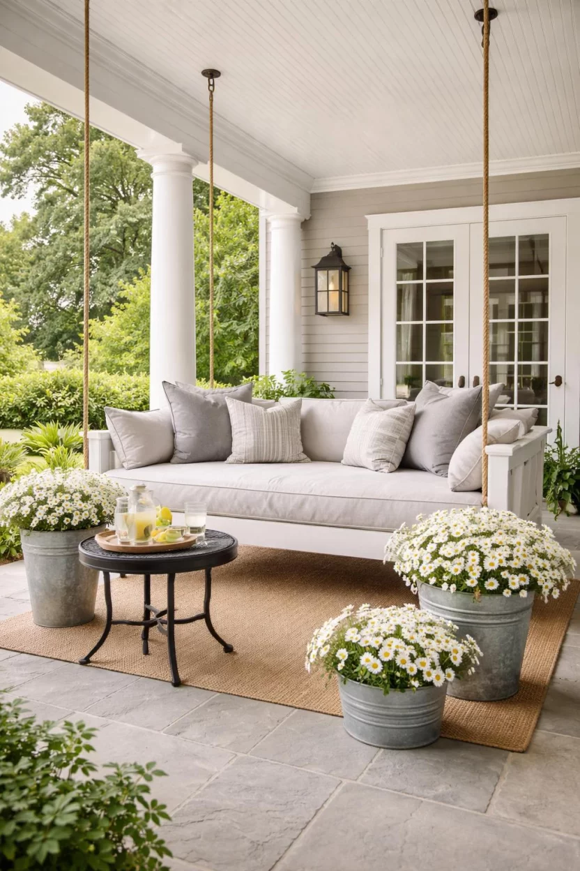 A realistic photo of an American home's backyard porch featuring a large white hanging daybed with gray cushions, a black wrought iron side table, and several galvanized metal buckets filled with white daisies.