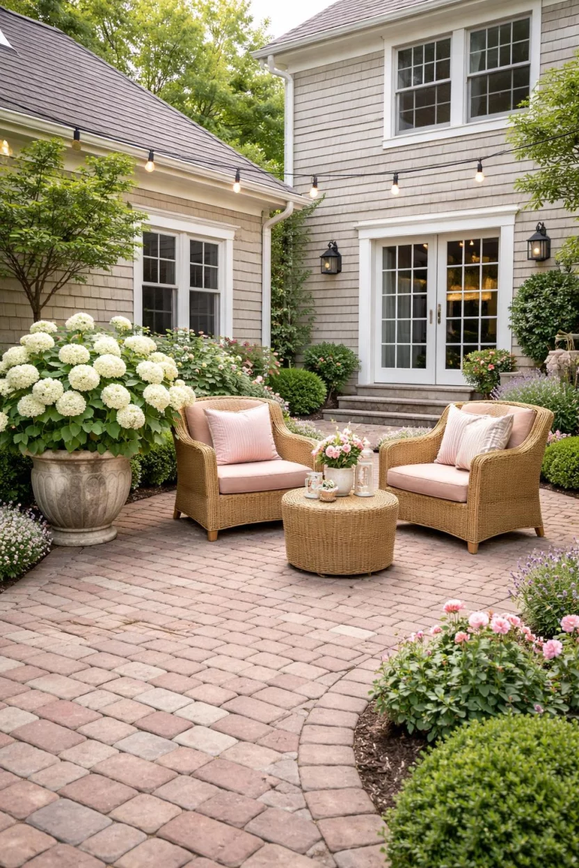 A realistic photo of an American home's backyard featuring a brick paved courtyard with honey colored wicker armchairs, soft pink cushions, and a large white hydrangea bush in a weathered stone pot.