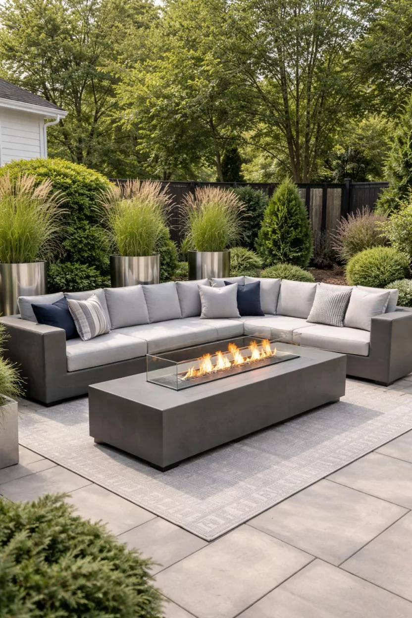 A realistic photo of an American home's backyard featuring a gray sectional sofa, a long rectangular gray fire table with a protective glass windshield, and several tall stainless steel planters holding ornamental grasses.