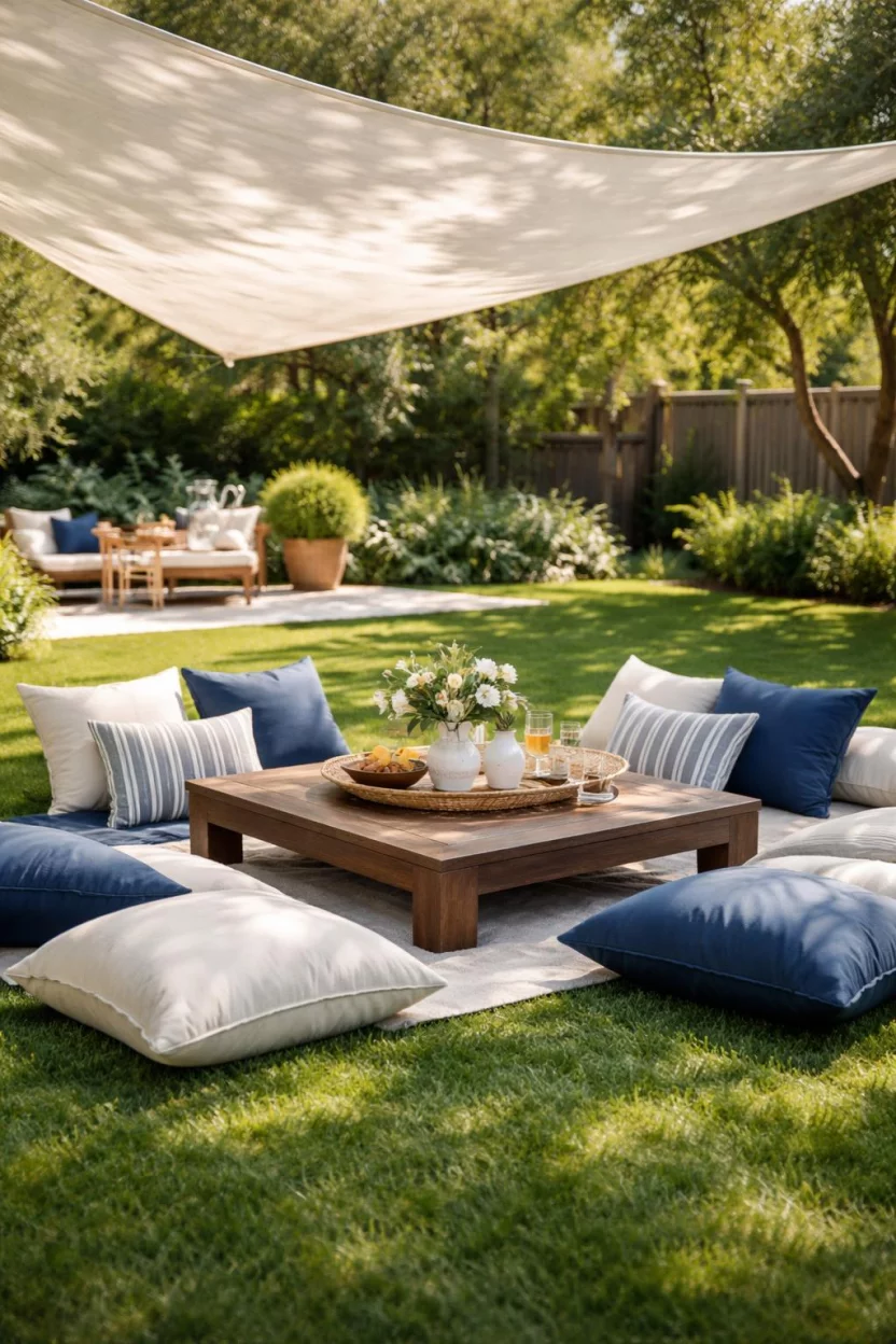 A realistic photo of an American home's backyard featuring a low dark oak coffee table set on a green lawn, surrounded by oversized cream and navy blue pillows, and a large white canvas sun sail overhead.