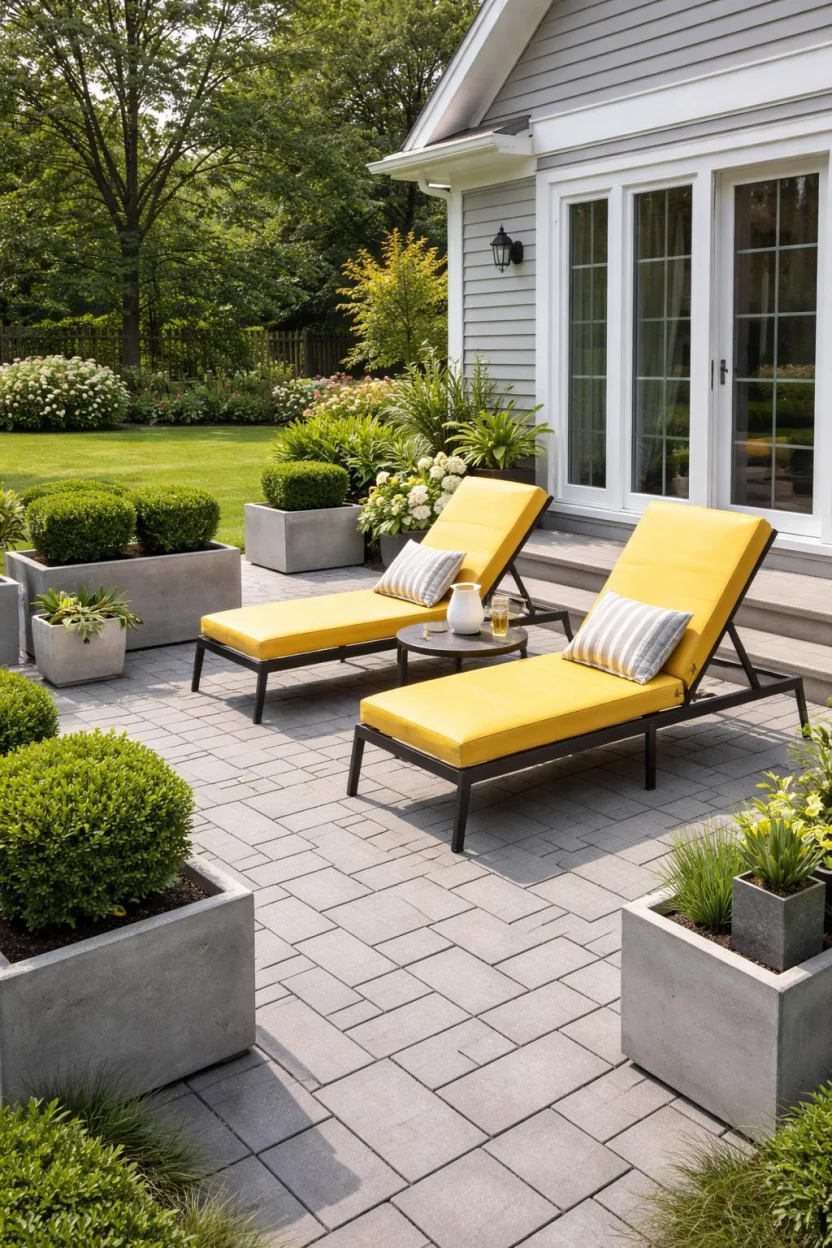 A realistic photo of an American home's backyard featuring a gray geometric paver patio, two bright yellow metal lounge chairs, a black metal side table, and several square concrete planters with green boxwood.